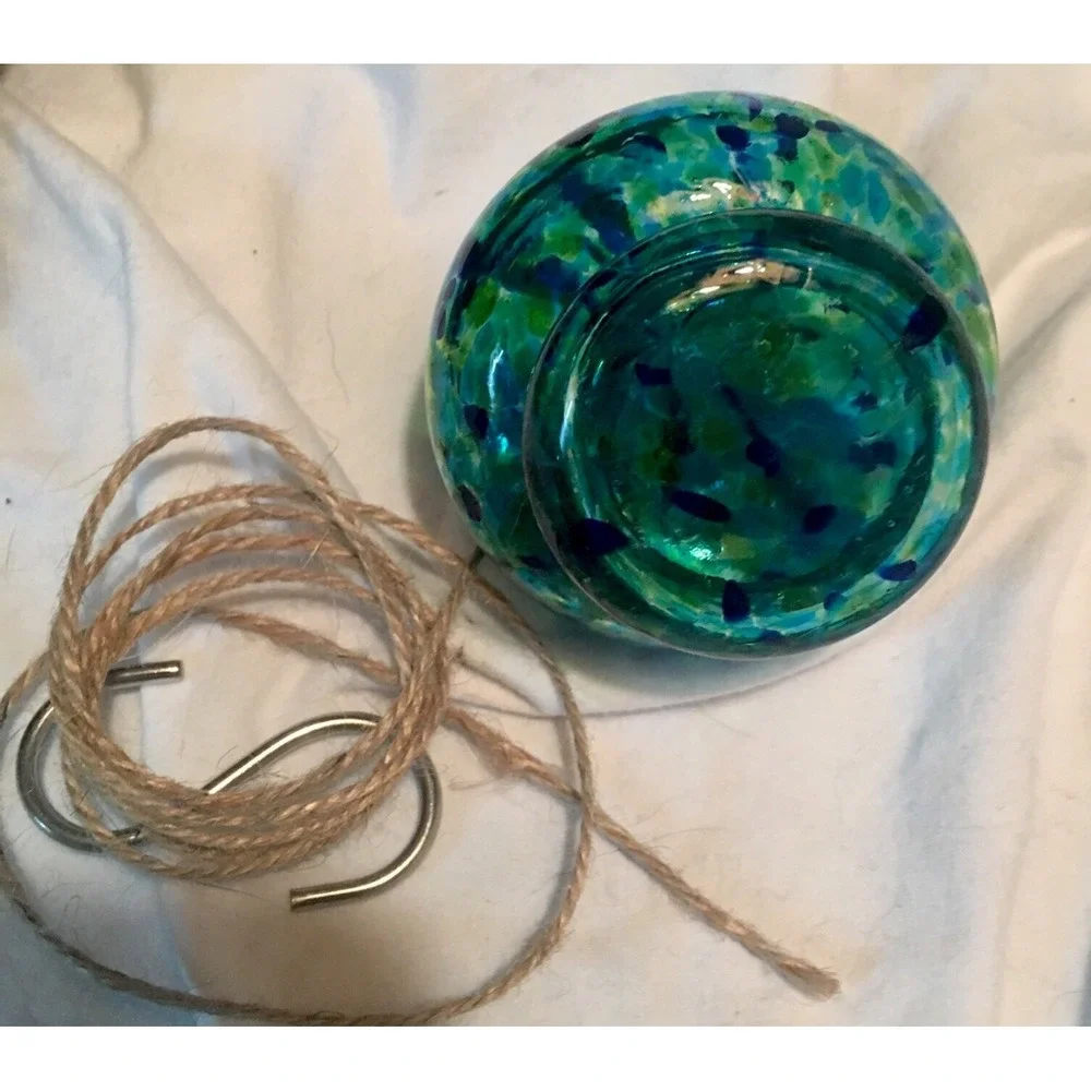 Blue and Green Speckled Hand‎ Blown Art Glass Hummingbird Nectar Feeder & Hanger